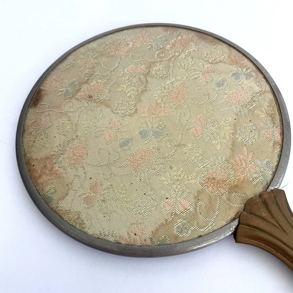 Vintage Art Deco Hand Mirror Floral‎ Brocade Fabric Back Hollywood Regency Metal